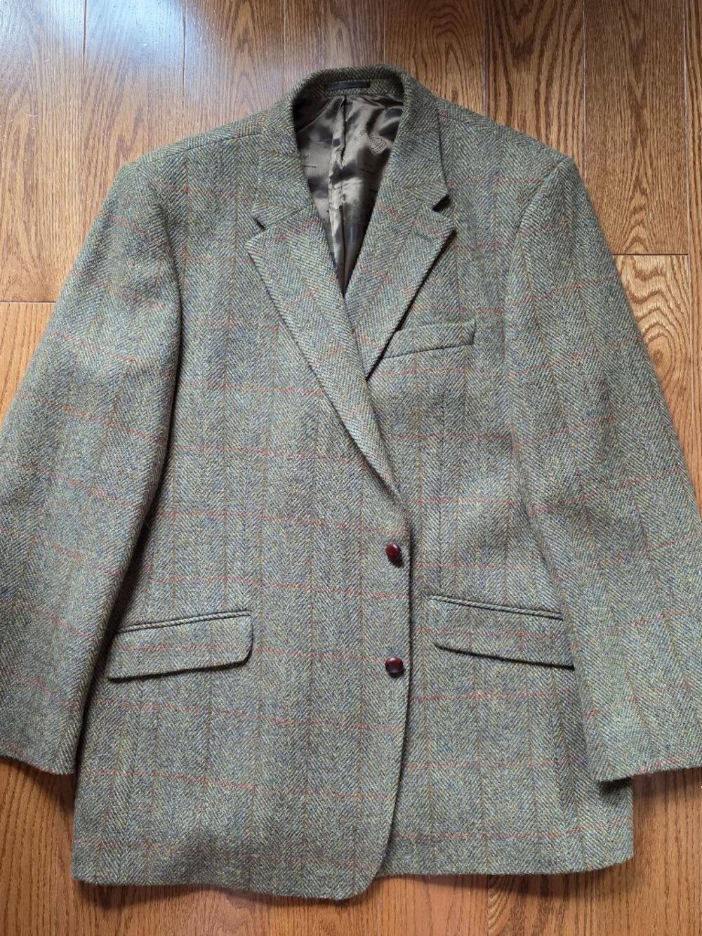 52L James Peter James Scottish Harris Tweed moss plaid green blazer